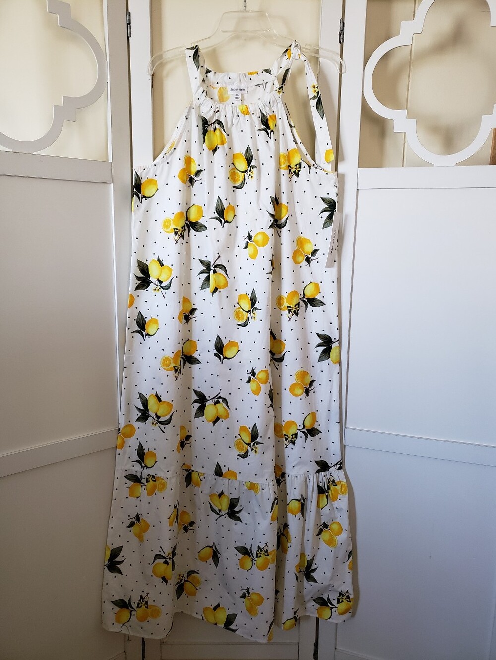 chloe+rene XL Women's Maxi Polka Dot Lemon Print Dress 100% Cotton NWT